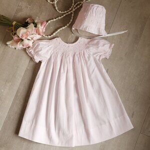 Strasburg Pink Bishop Dress & Bonnet RARE GORGEOUS Smocked Pearls 100% Cotton